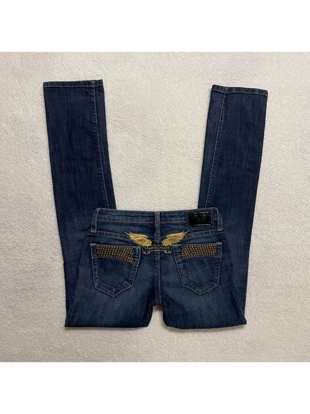 Y2K low rise jeans with angel wing embroidery and embellished back pockets